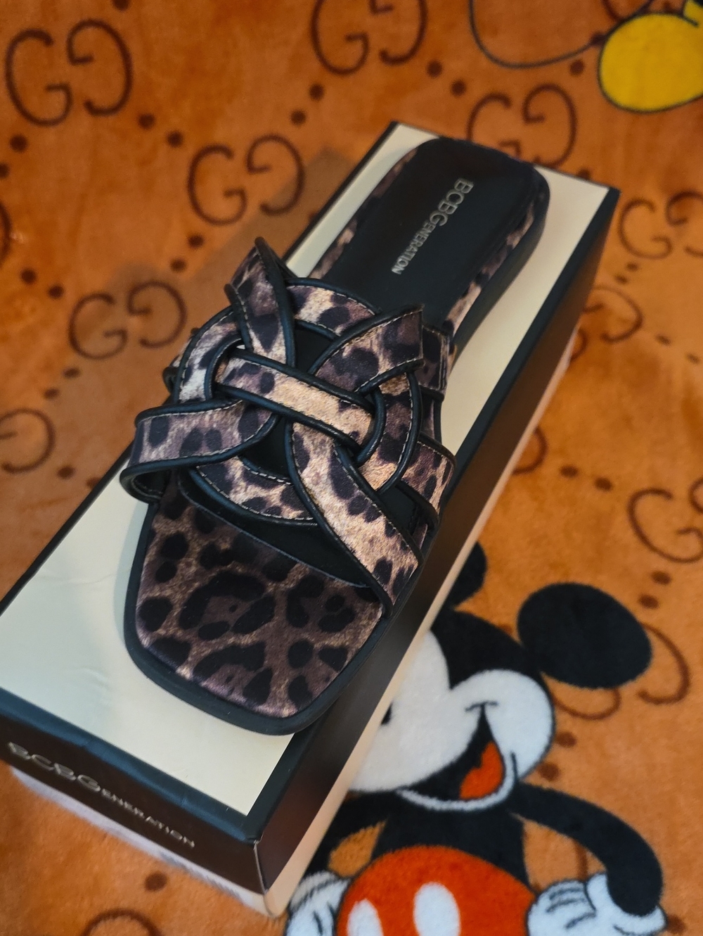 BCBG Leopard Print Braided Slide Sandal - Black/Brown